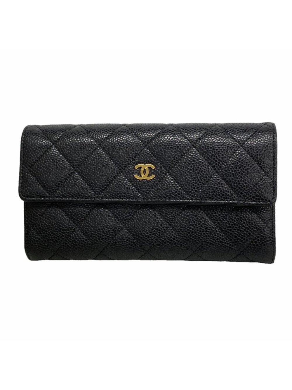 Chanel Wallet Quilted Caviar Leather Black Gold